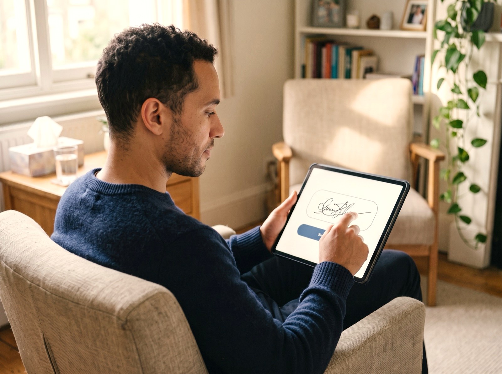A clinical executor signing a therapist's clinical will on a tablet