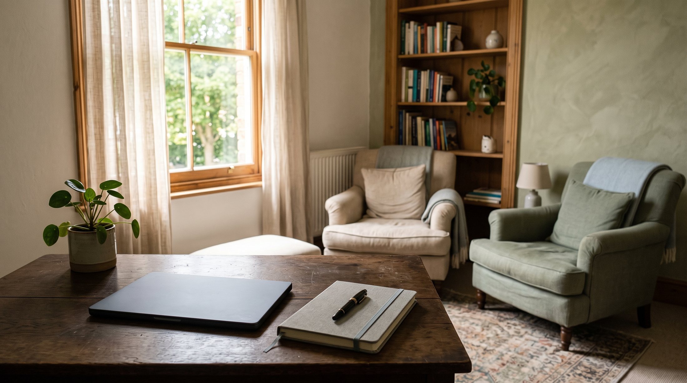 A quiet therapy room with a closed laptop and notebook on the table