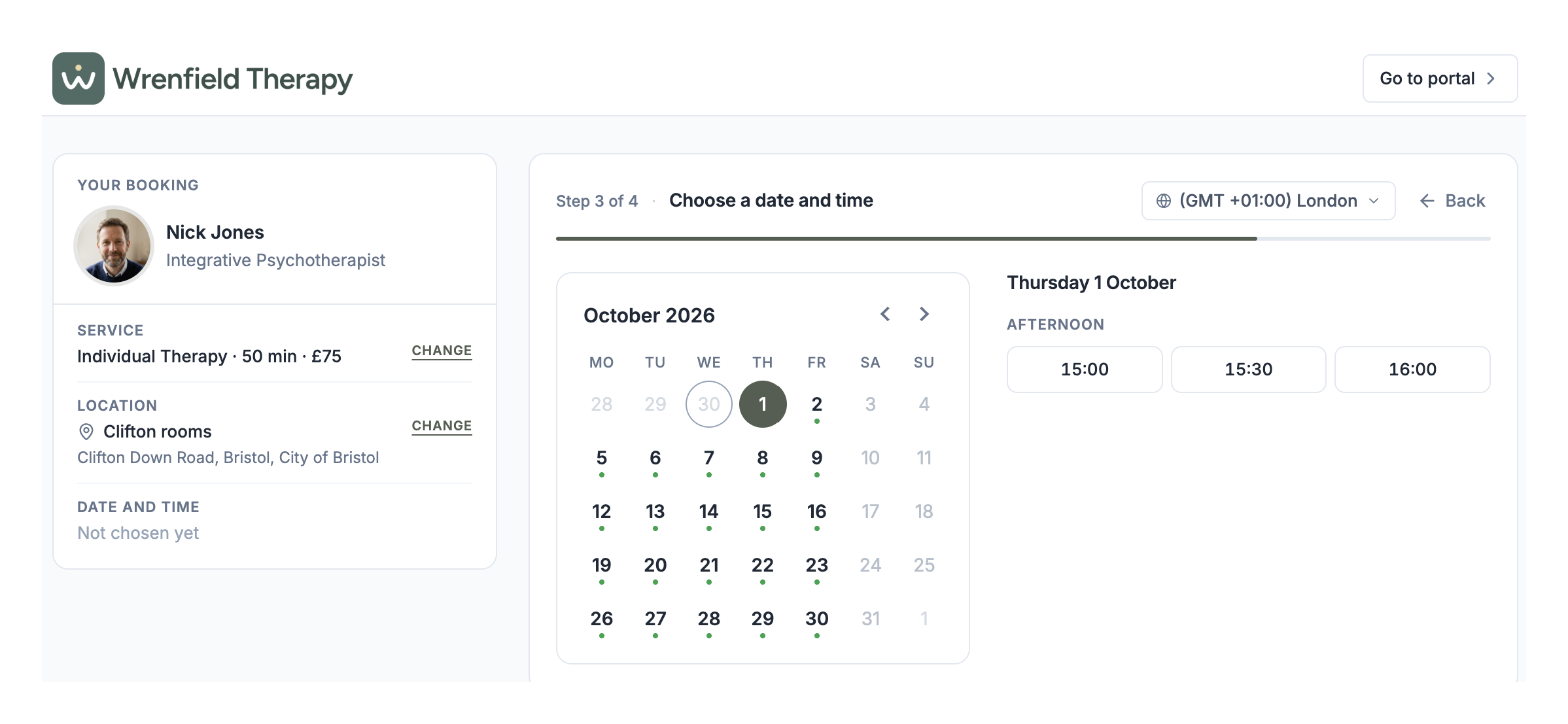 Your booking page, choosing a date and time