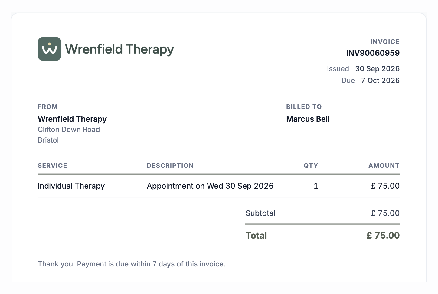 An invoice filled in from the appointment