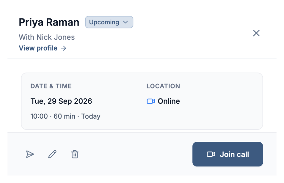 The session's details with a Join call button