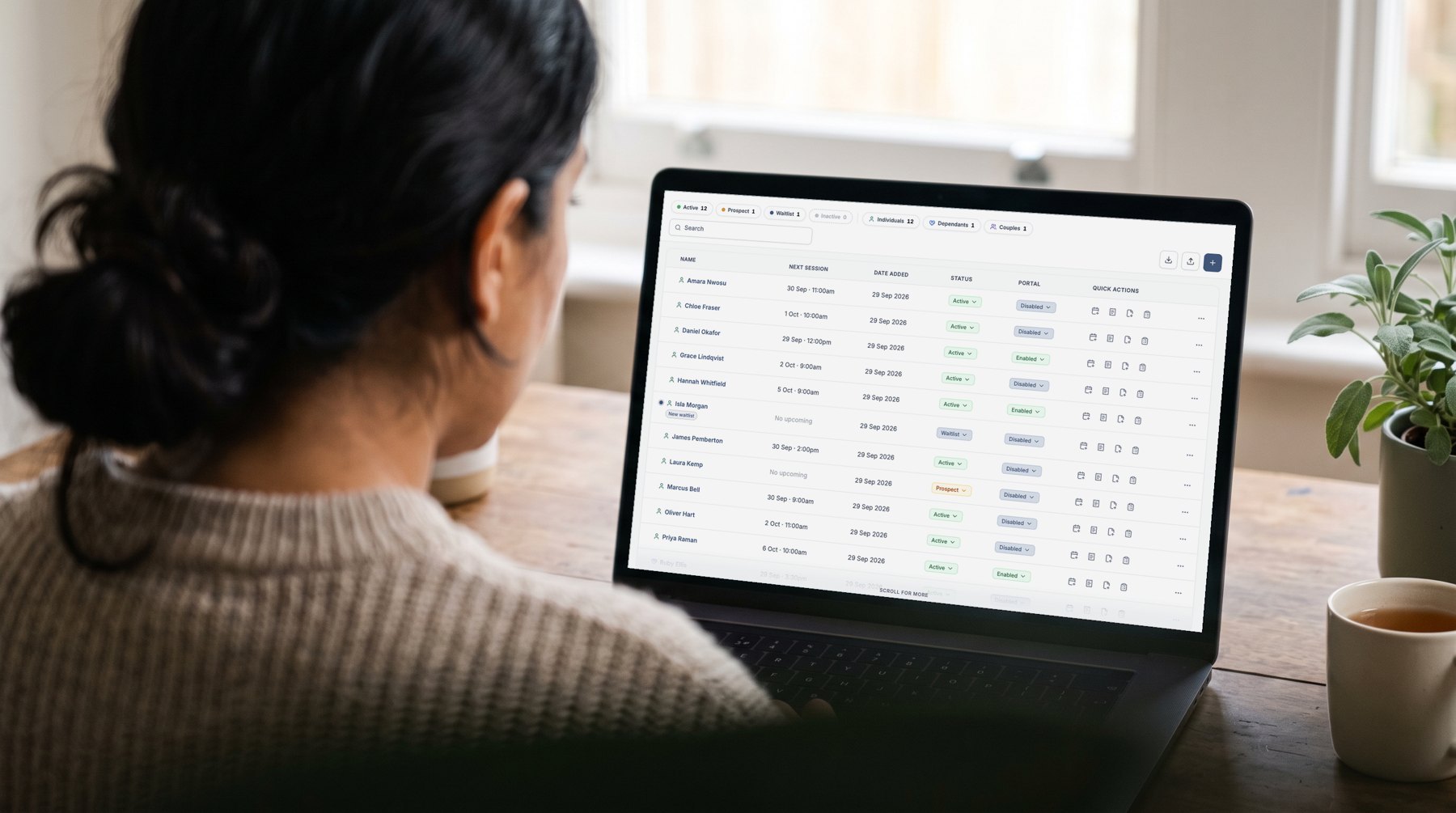 Over the shoulder of a therapist using Therasee: bring your clients across